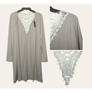 Ribbed Knit Beige Cardigan Duster with Crochet Applique Detail all sizes avail.